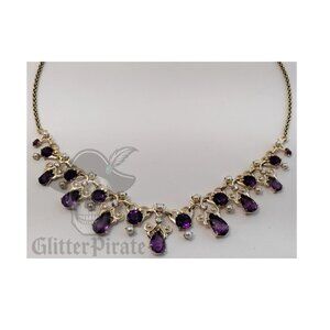 Vintage Custom Solid 14k Gold 20.26cttw Amethyst Diamond Seed Pearl Necklace